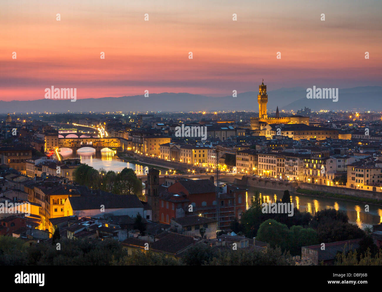 Scenic view of Florence from Piazzale Michelangelo at dusk Italy Stock Photo