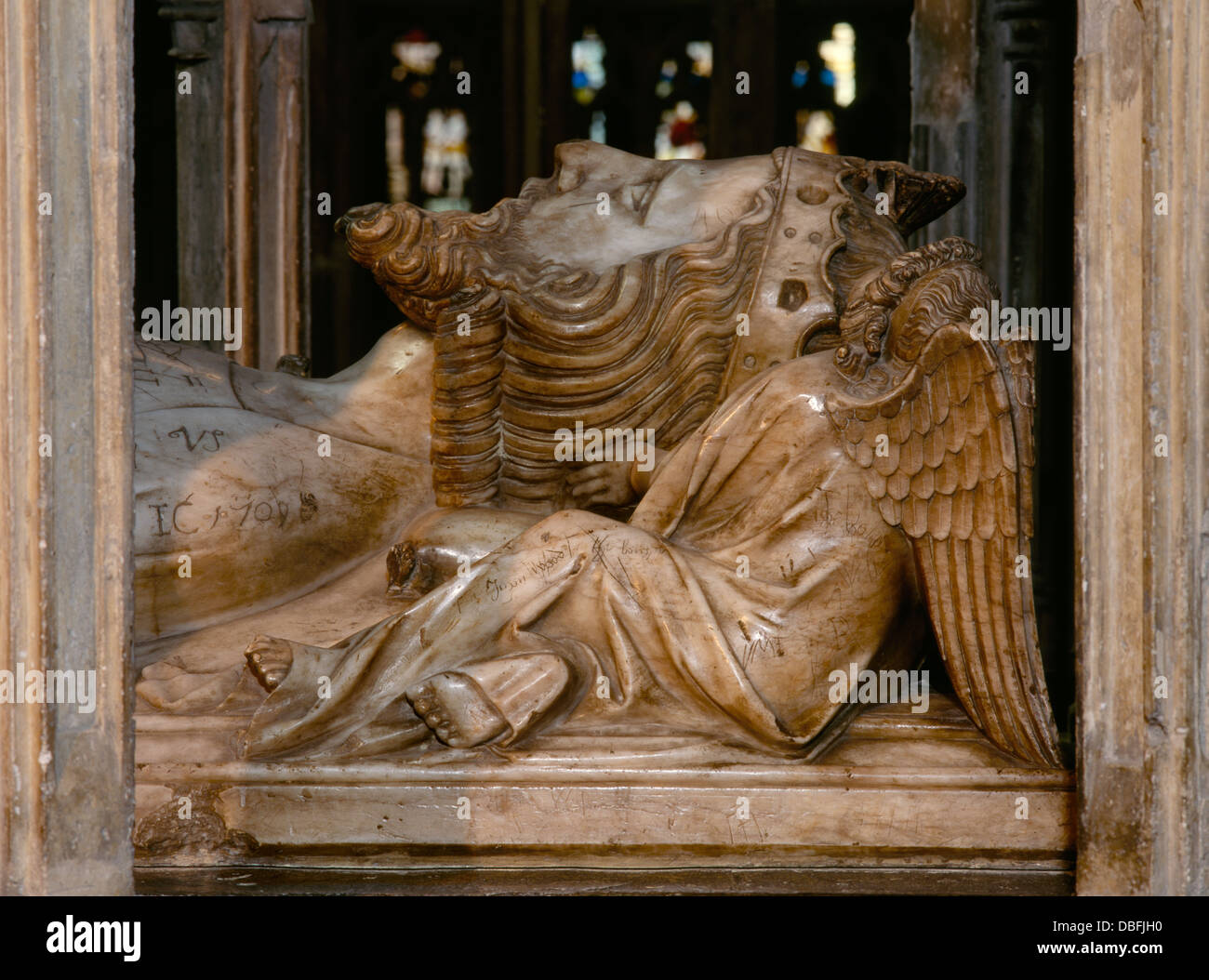 Alabaster effigy of King Edward II in the choir of Gloucester Cathedral (former abbey) England: murdered in 1327, Edward became a popular saint. Stock Photo
