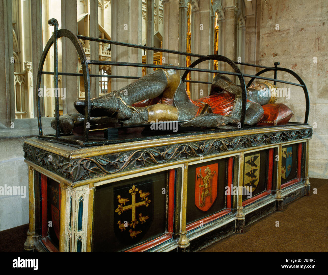 C13th painted wooden effigy of Robert Curthose, eldest son of William the Conquerer, in the presbytery of Gloucester Cathedral, England, former abbey. Stock Photo