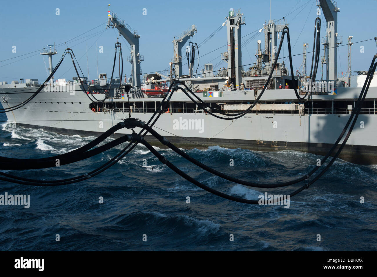 The fleet replenishment oiler USNS Big Horn (T-AO 198) transfers fuel ...