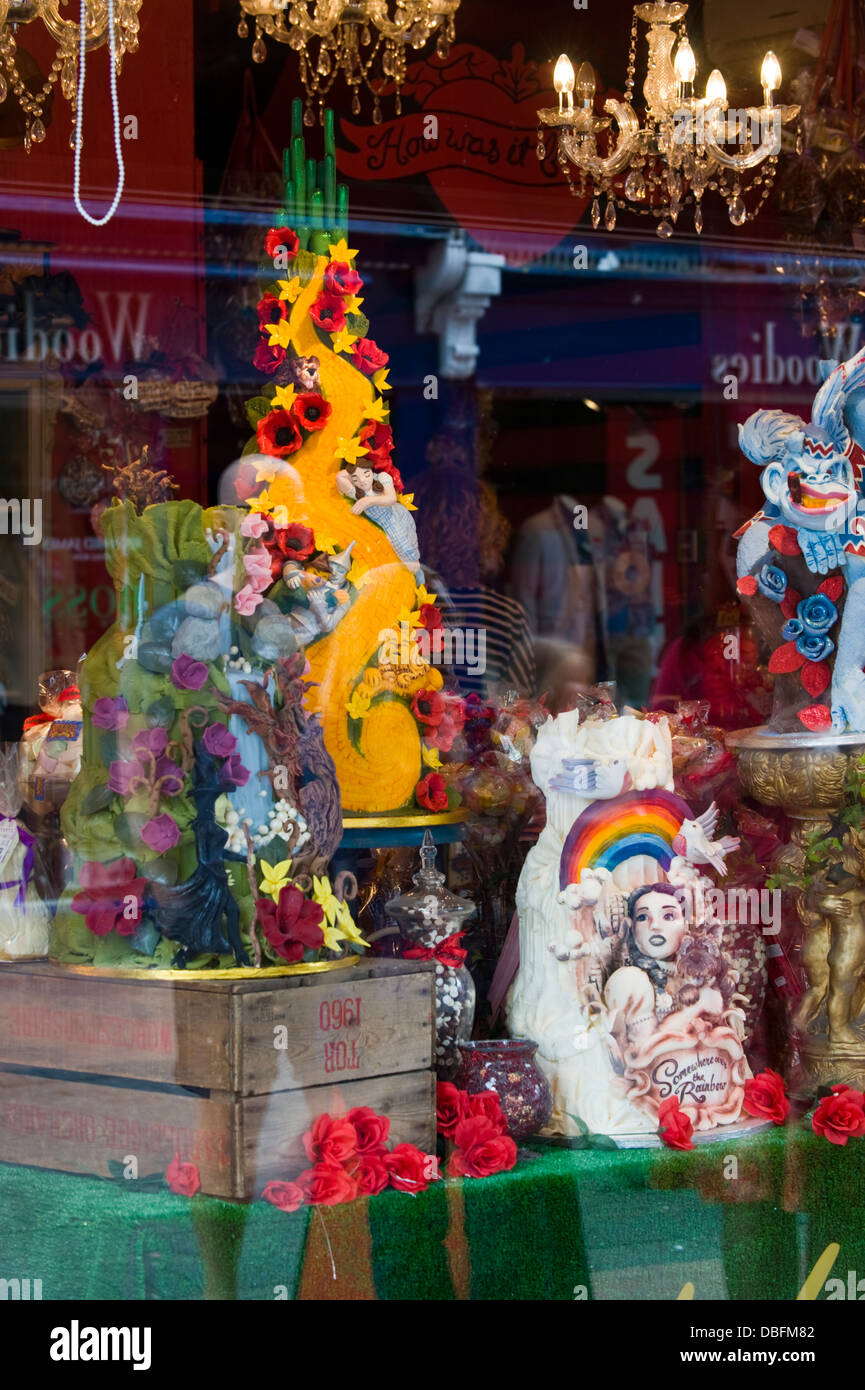 Window display of choccywoccydoodah specialty chocolate & cake shop in