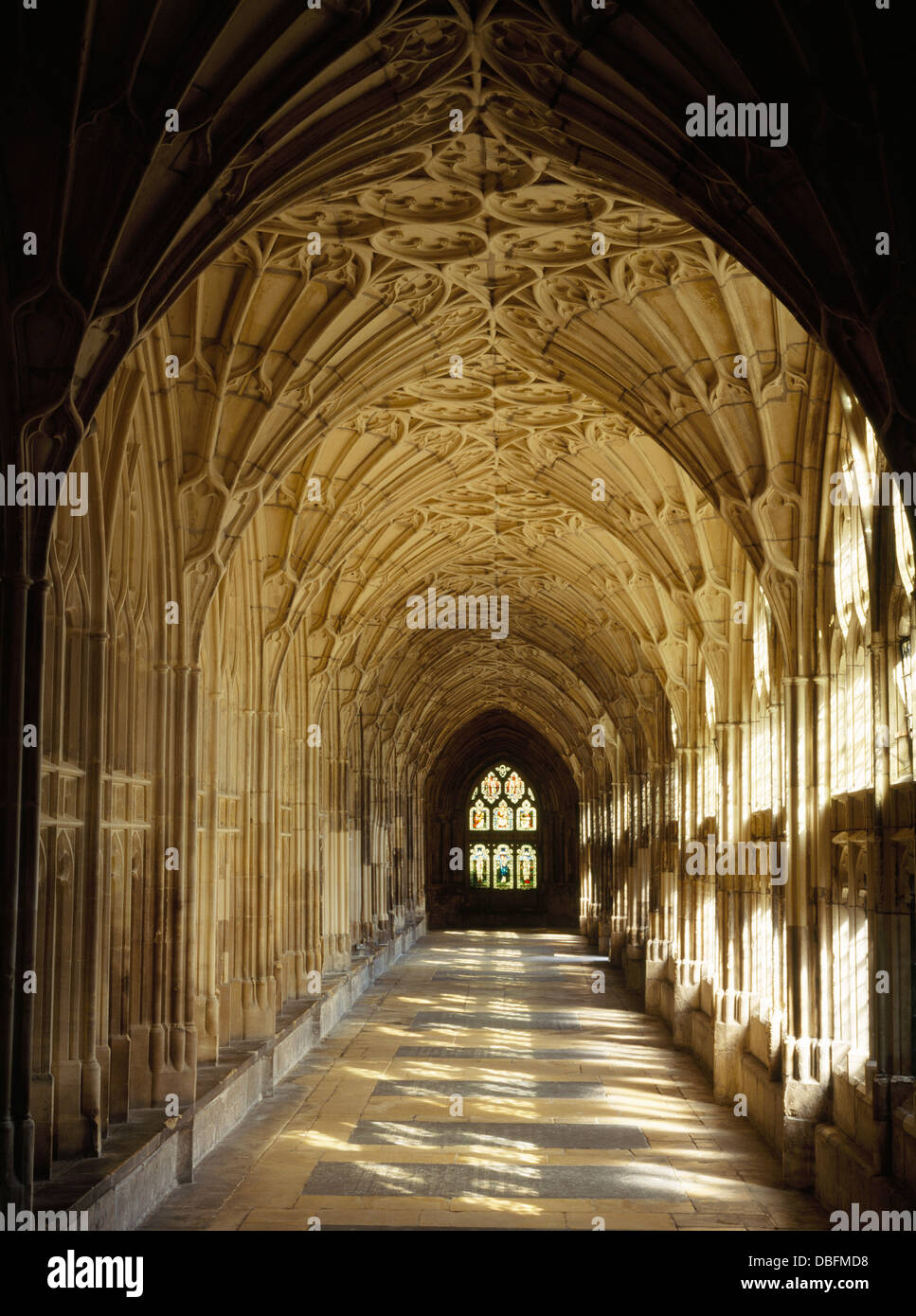 West walk of the Great Cloister (1373-1410) of Gloucester Cathedral, England, former Benedictine abbey of St Peter. Shows early use of fan vaulting. Stock Photo