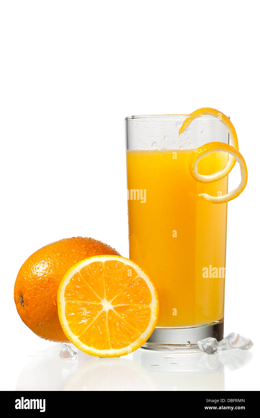 orange juice with orange peeling beside oranges Stock Photo Alamy