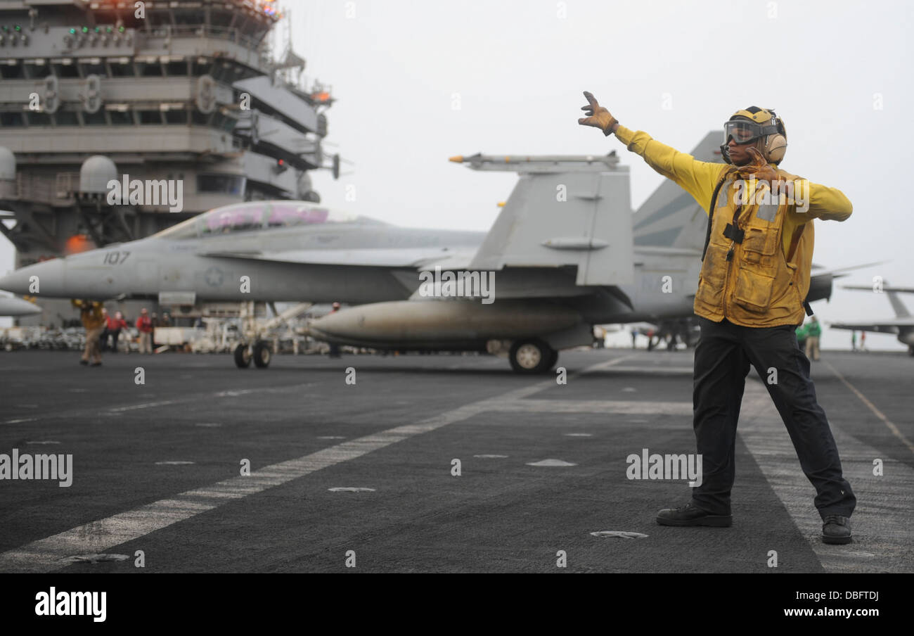 aircraft on the flight deck of the aircraft carrier USS Nimitz (CVN 68). The Nimitz Carrier Strike Group is deployed to the U.S Stock Photo