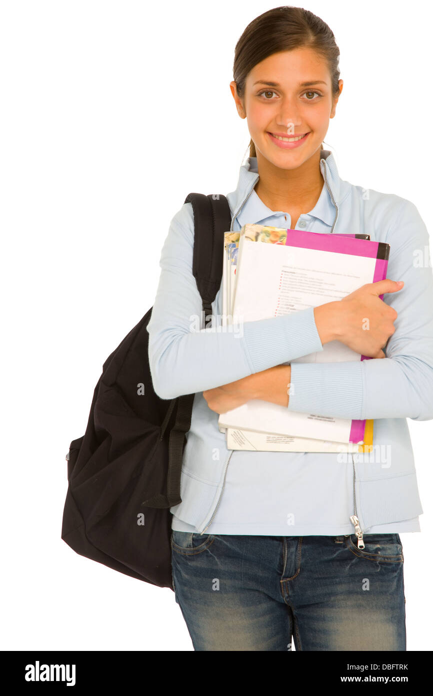 teenage girl with backpack and books Stock Photo - Alamy