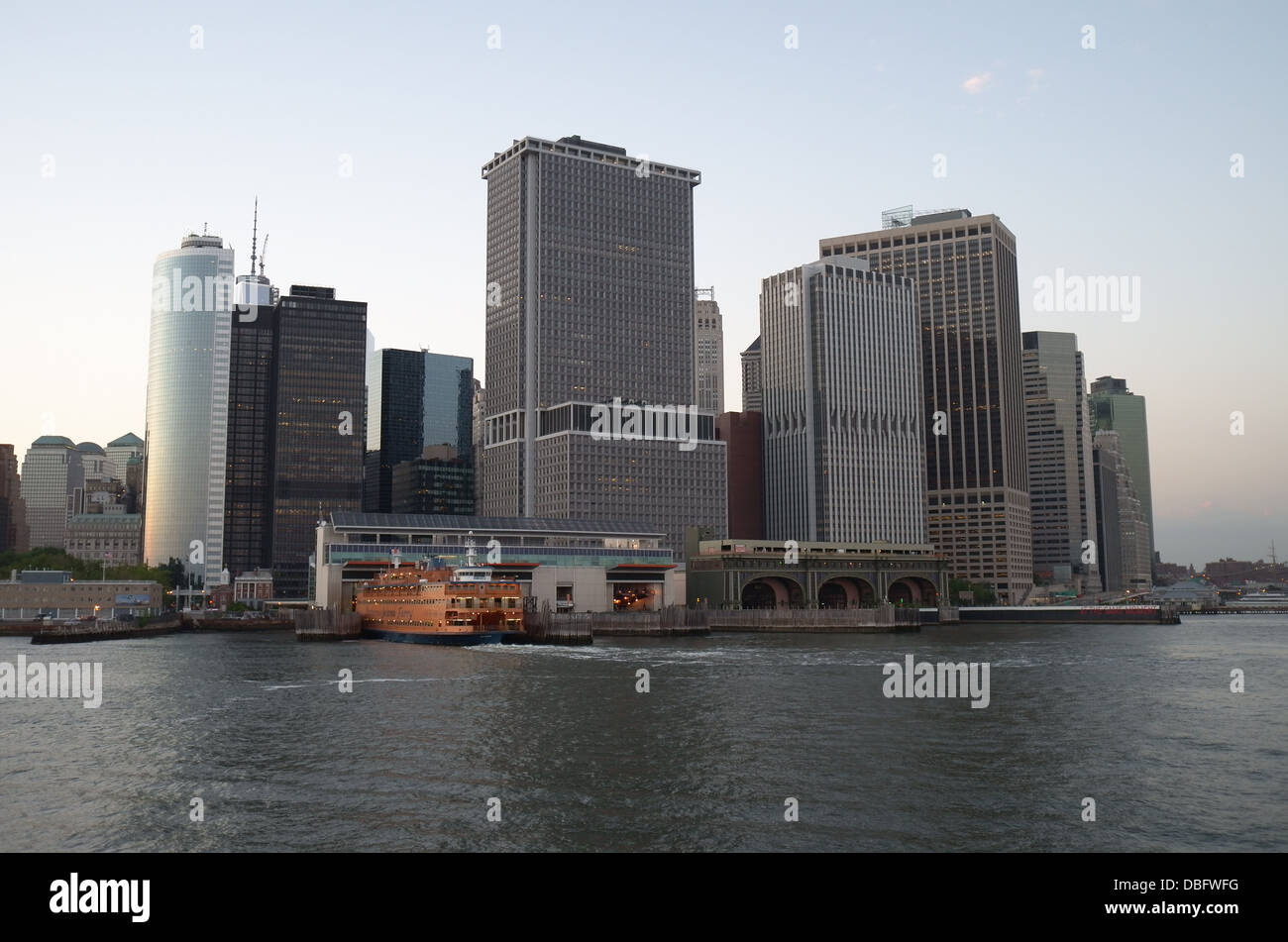View of Lower Manhattan and ferry terminal Stock Photo