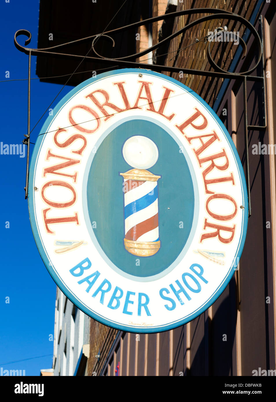 Barber shop sign, Main Street, Bozeman, Montana, USA Stock Photo