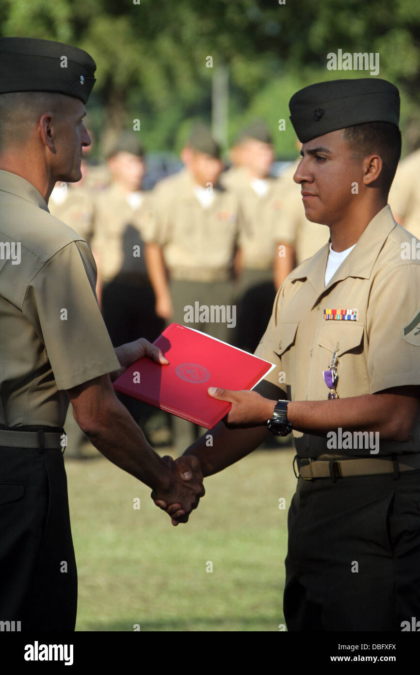 Lance Cpl. Frank Ortiz, a combat engineer with Combat Engineer Battalion, 2nd Marine Division, was awarded the Purple Heart Medal by Lt. Col. John Osborne, battalion commander for 2nd CEB, during a ceremony aboard Marine Corps Base Camp Lejeune, July 26, Stock Photo