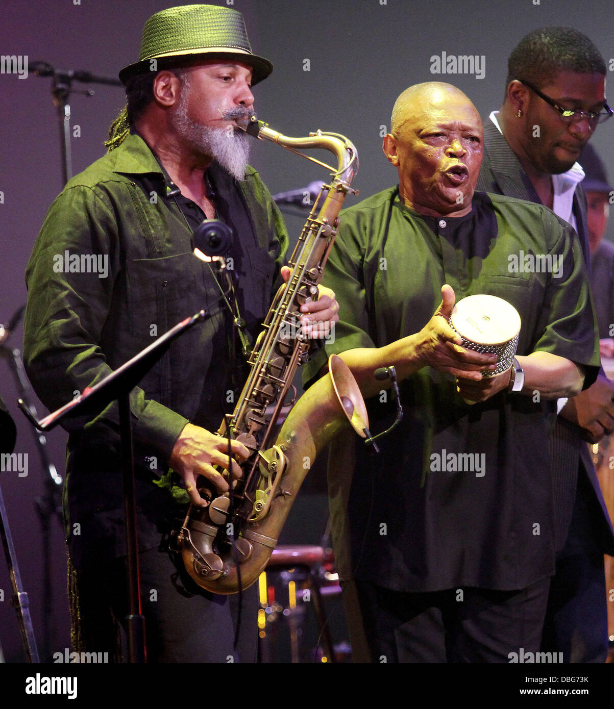 Arturo Tappin and Hugh Masekela,  performing at the 7th Annual Pan Jazz Festival held at the Federick P. Rose Hall, Lincoln Center. New York City, USA - 18.06.11 Stock Photo