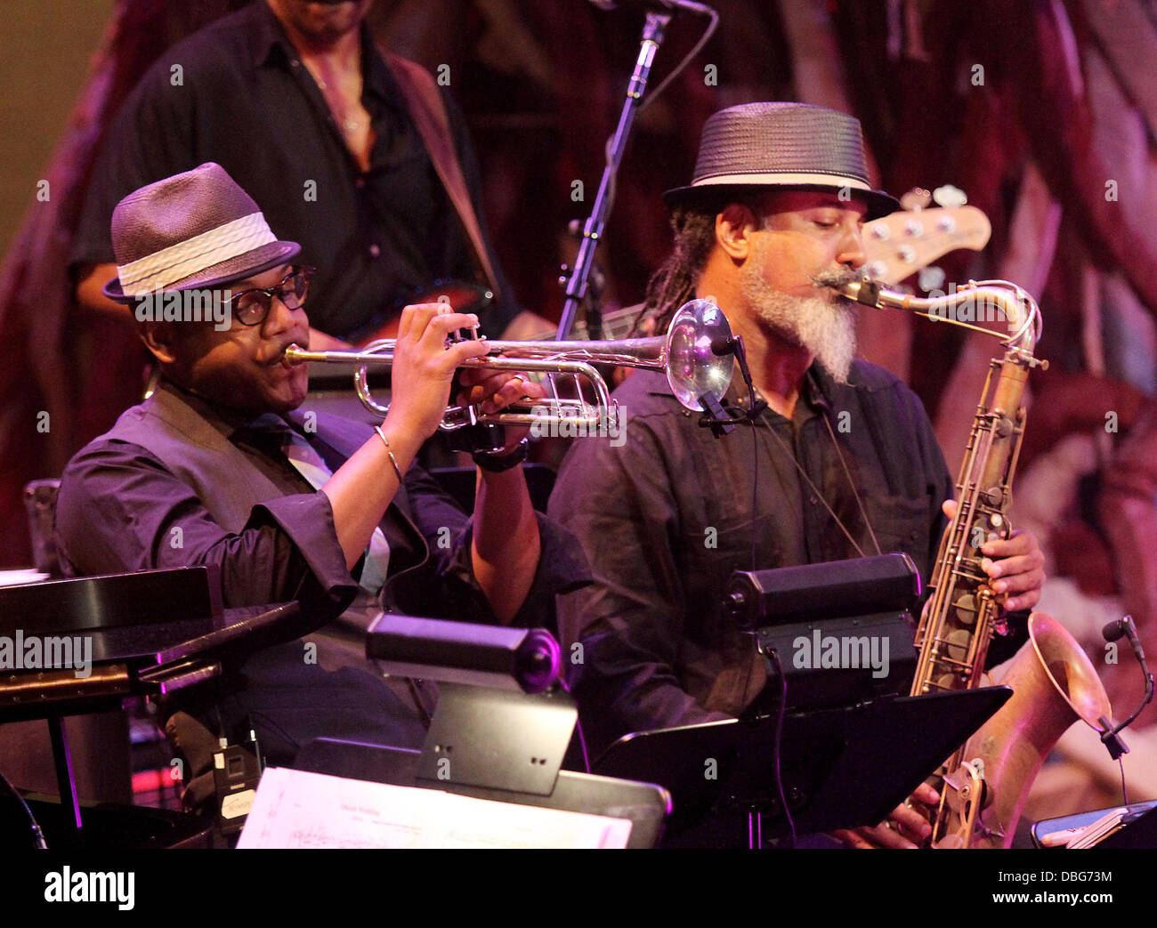 Etienne Charles and Arturo Tappin,  performing at the 7th Annual Pan Jazz Festival held at the Federick P. Rose Hall, Lincoln Center. New York City, USA - 18.06.11 Stock Photo