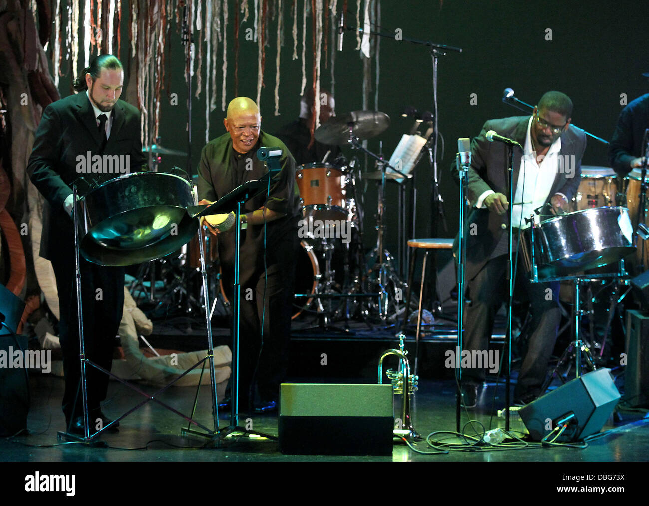 Victor Provost, Hugh Masekela and Leon Foster Thomas, performing at the