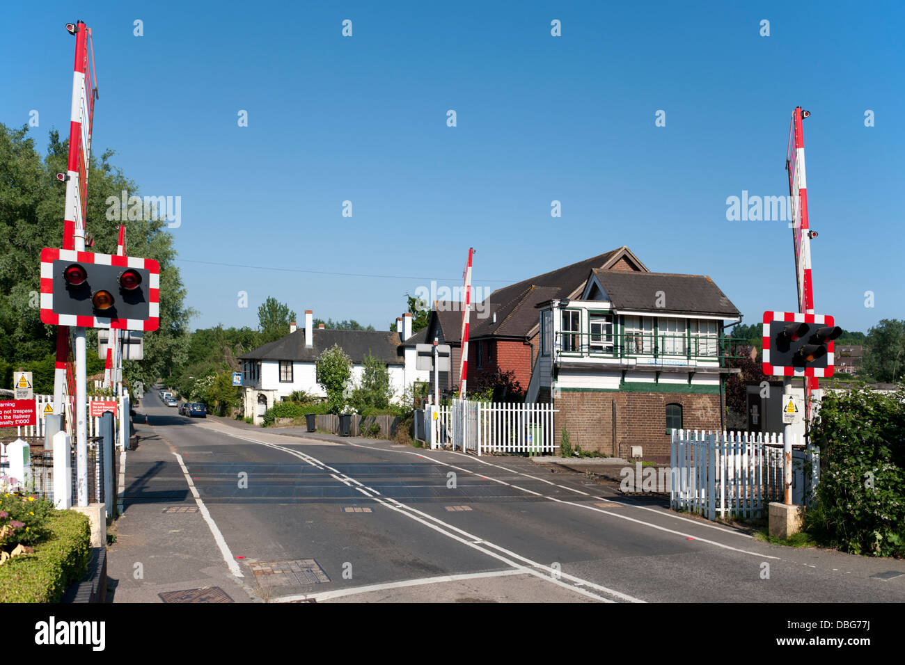 Robertsbridge railway road crossing and signalbox, East Sussex, UK Stock Photo