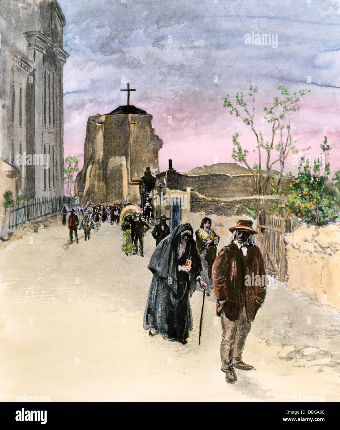 Parishioners leaving San Miguel mission church in Santa Fe NM, 1890s. Hand-colored halftone reproduction of an illustration Stock Photo
