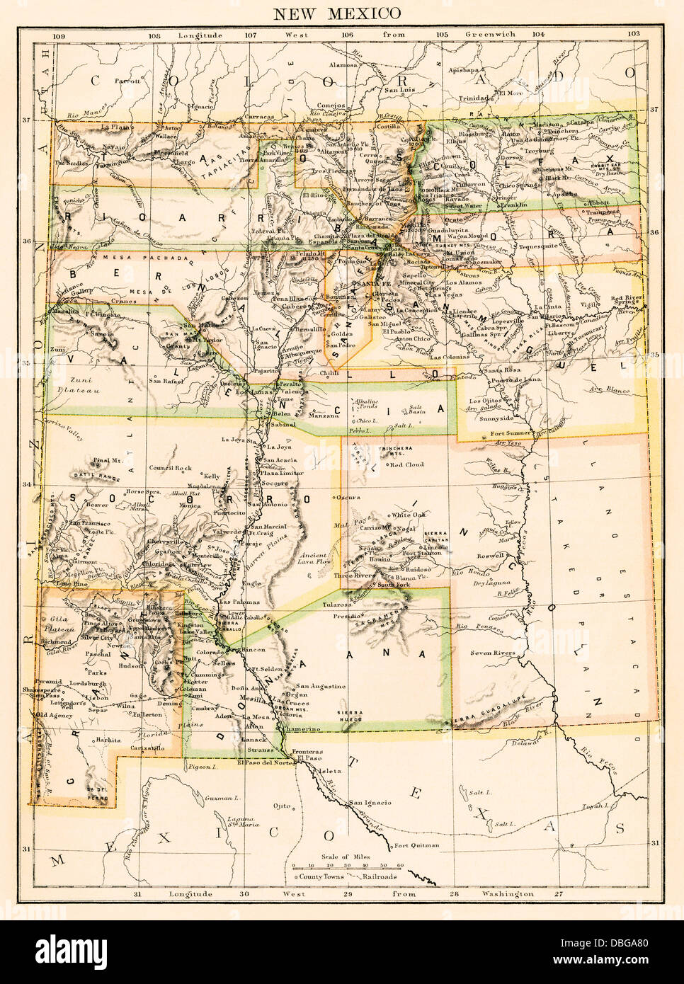 Map of New Mexico Territory, 1870s. Color lithograph Stock Photo