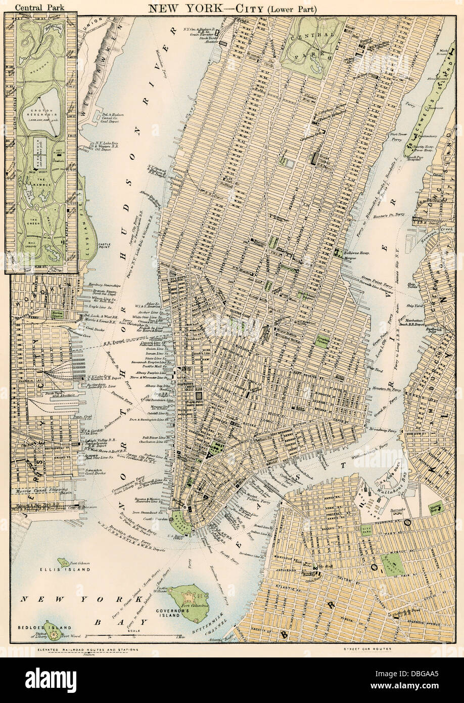 Map of lower and mid-town Manhattan, New York City, 1870s. Color lithograph Stock Photo