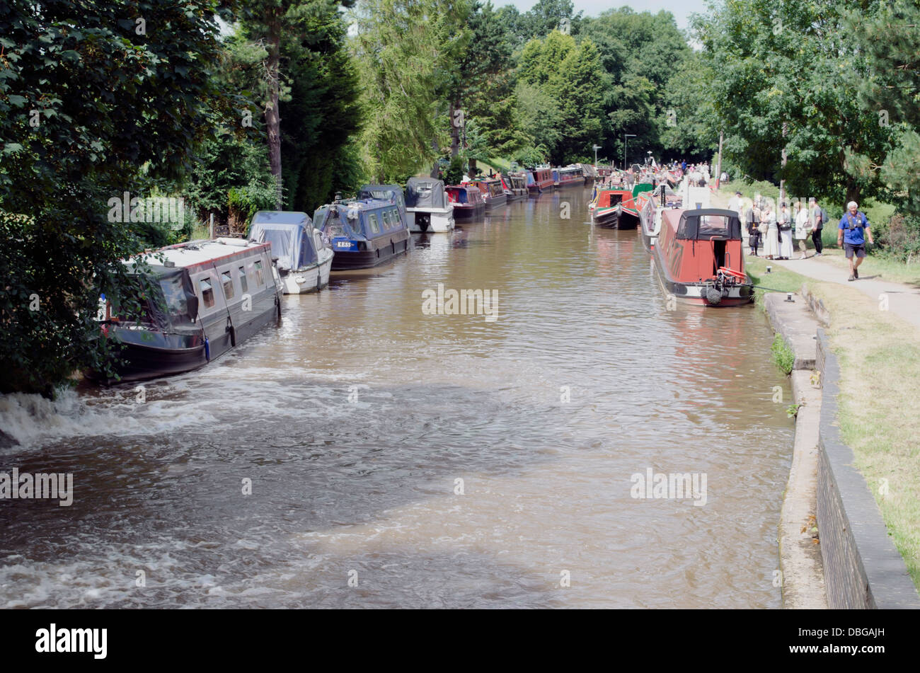 A gathering of canal boats on the Shropshire Union canal near Audlem. Stock Photo