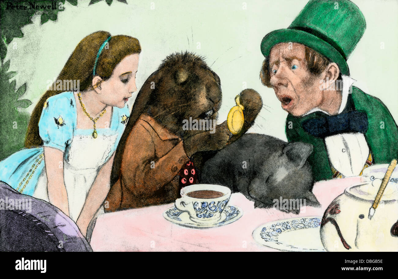 The Mad Hatter's tea-party, from Alice in Wonderland. Hand-colored halftone reproduction of an illustration Stock Photo