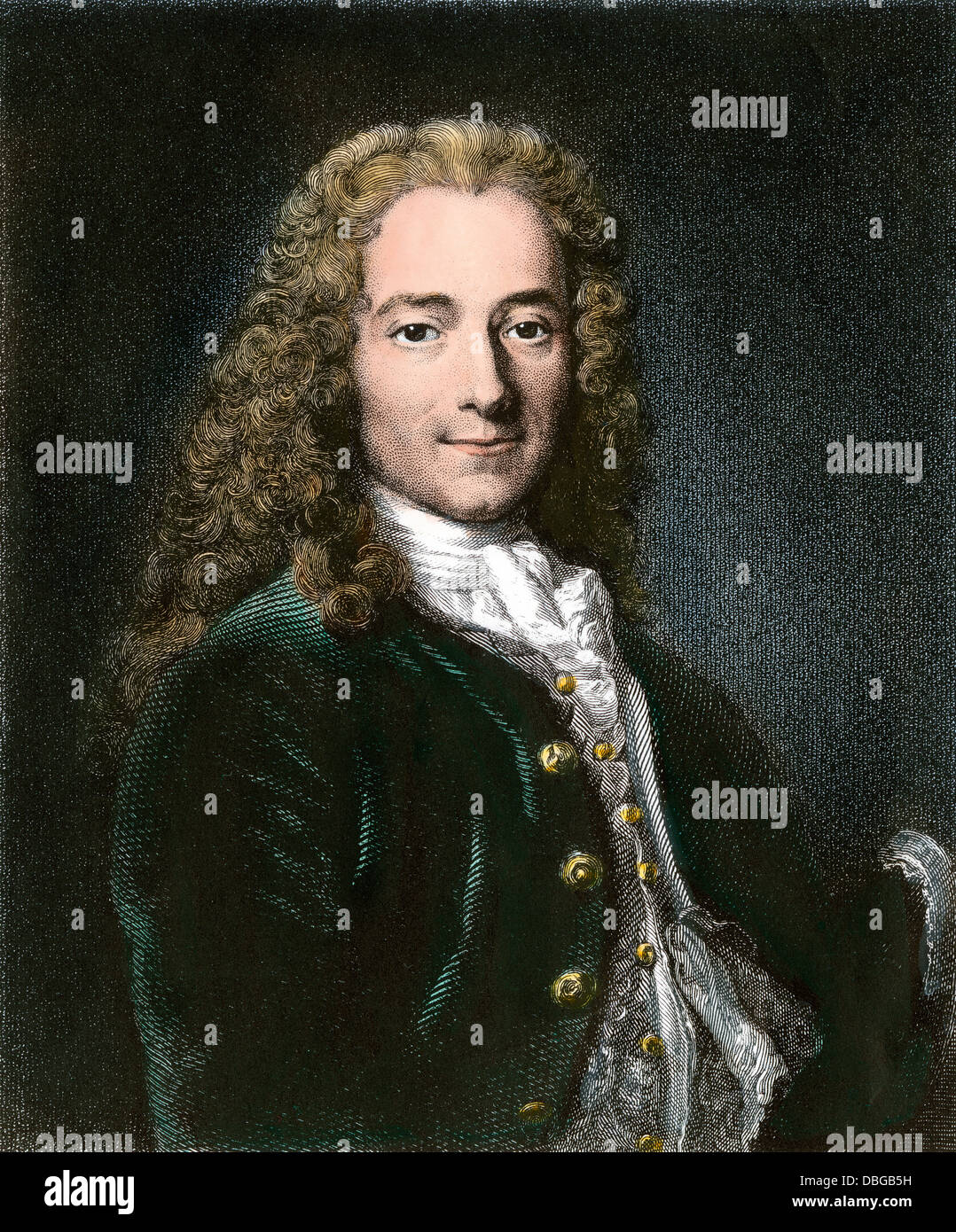 French philosopher Voltaire. Hand-colored steel engraving of a portrait by Largillierel Stock Photo