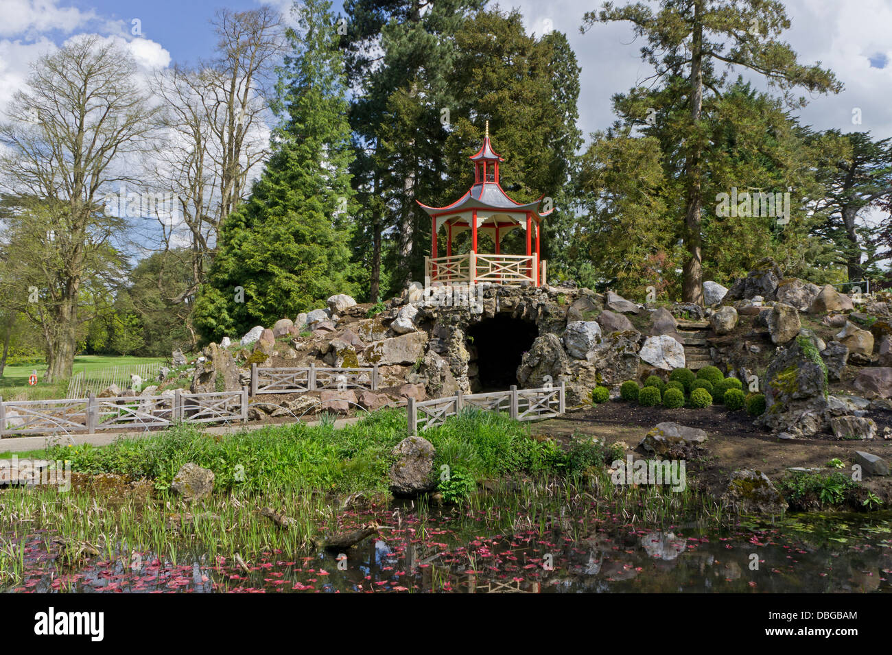 In the grounds of Woburn Abbey, a grand rockery topped off by an eye-catching Chinese style pagoda Stock Photo