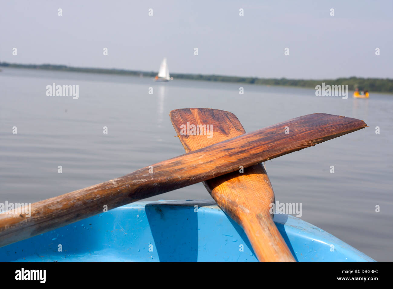 Oar on the boat on the lake holiday background concept Stock Photo