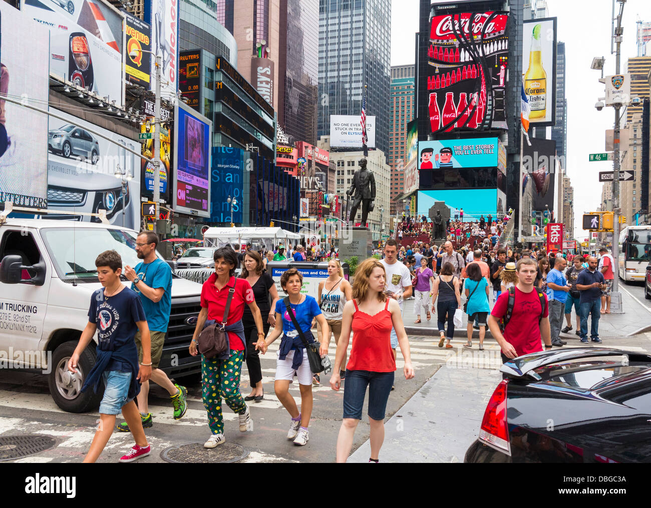 Busy Times Square in Manhattan, New York City street with crowds of people / tourists in summer