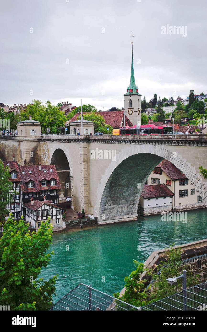 Bridge over the river Aar and  reformed Nydeggkirche in the rainy in rainy day, Bern, Switzerland, Europe Stock Photo