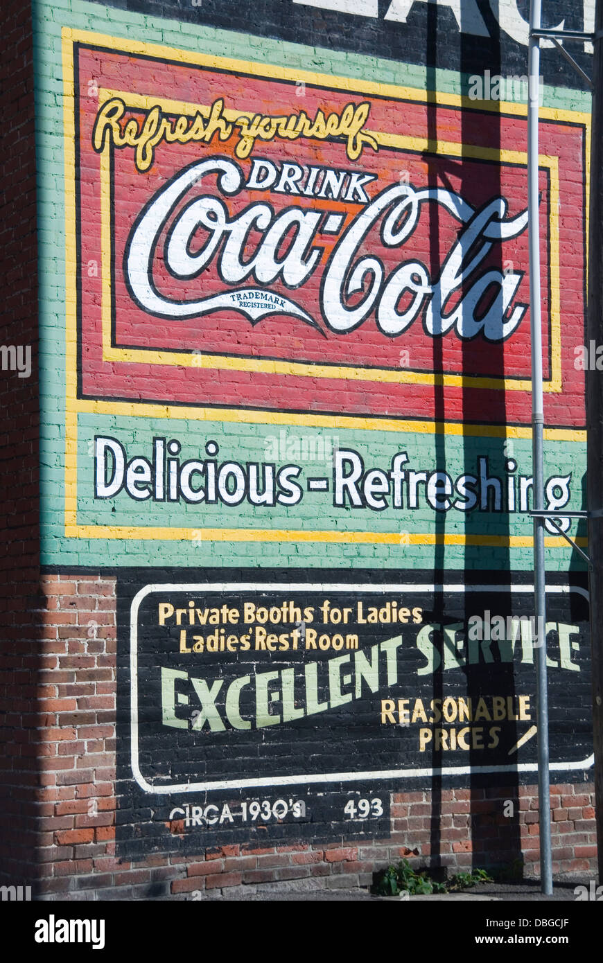 Old coca cola mural advert on the side wall of the Palace Cafe, Ellensburg, Kittitas County, Washington WA, USA Stock Photo