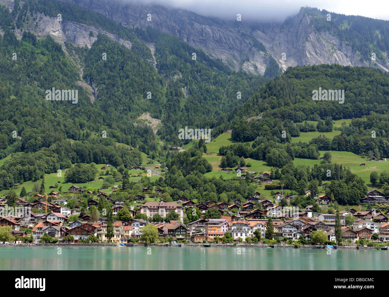 Lake Brienz is a lake in the Canon Berne in Switzerland, here with Brienz village Stock Photo