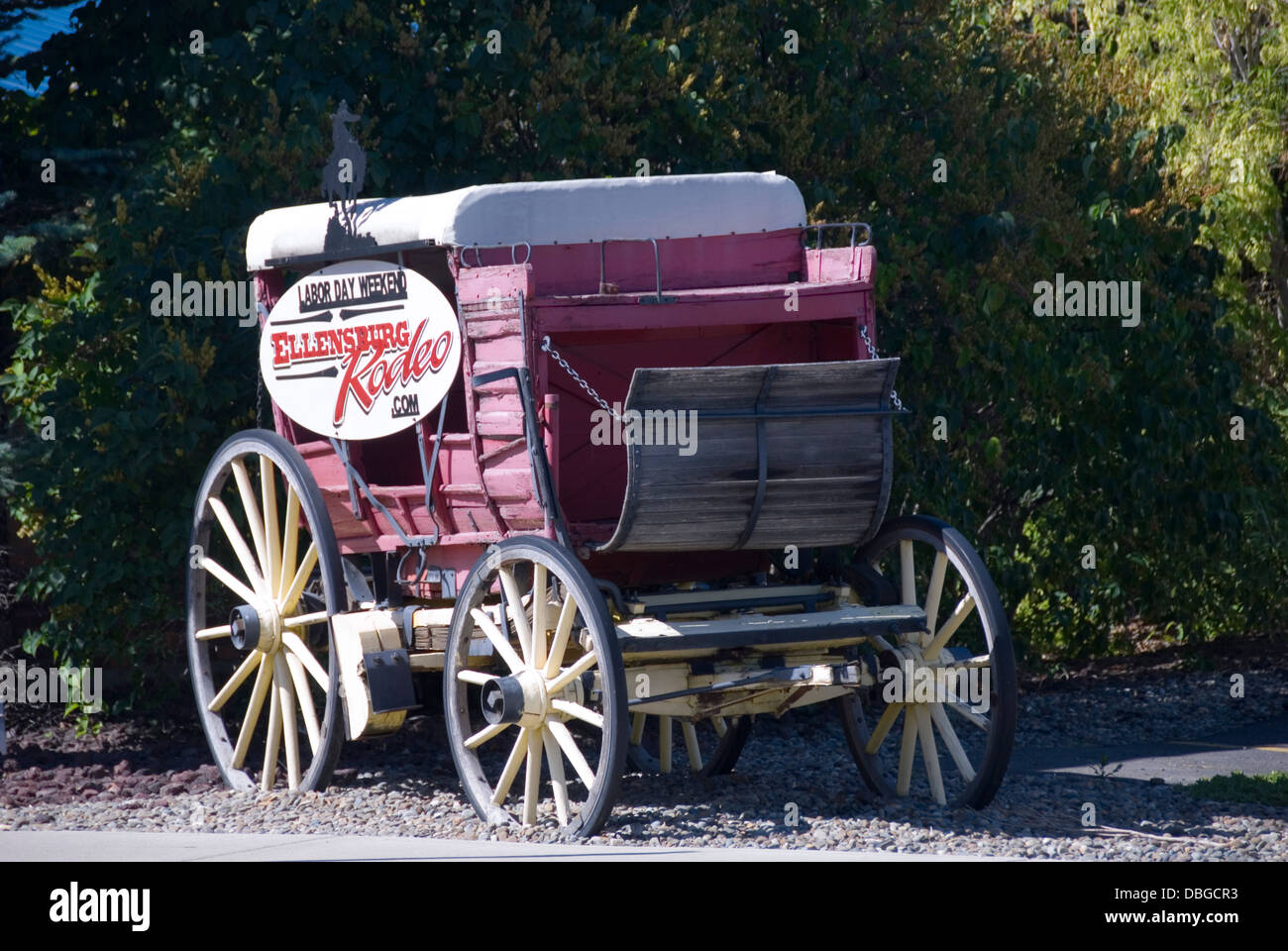 Wagon cart advertising Ellensburg Rodeo, Ellensburg, Kittitas County, Washington, WA, USA Stock Photo