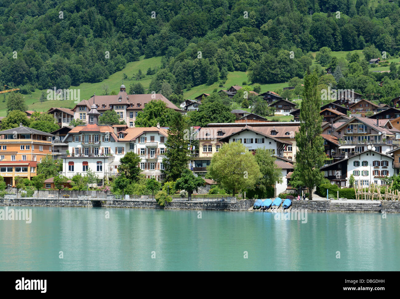 Lake Brienz is a lake in the Canon Berne in Switzerland, here with Brienz village Stock Photo