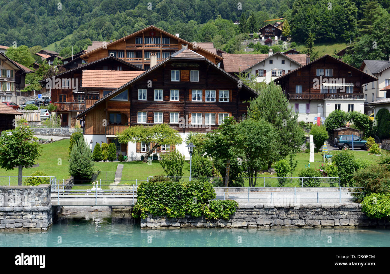 Lake Brienz is a lake in the Canon Berne in Switzerland, here with Brienz village Stock Photo