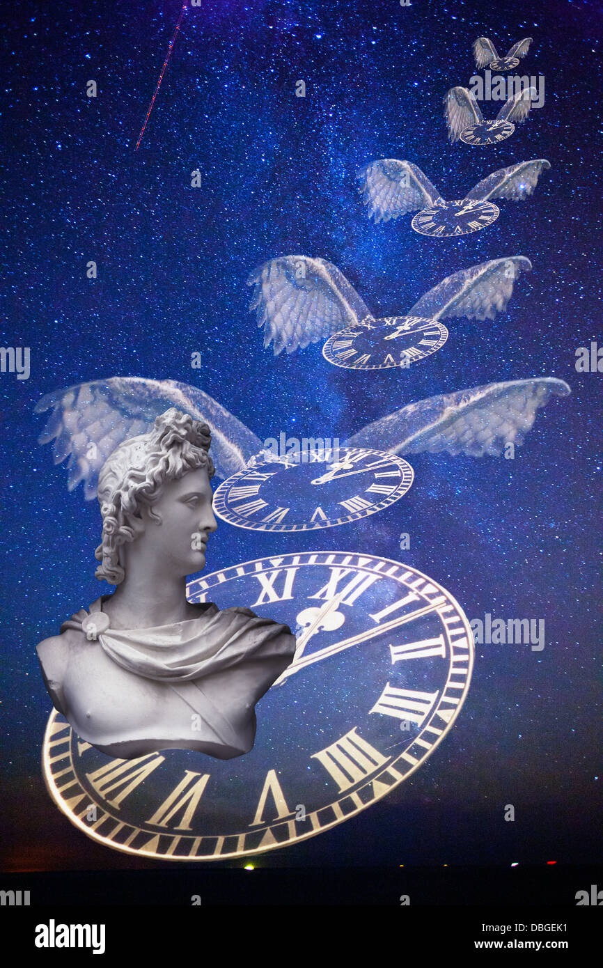 The Passage Of Time Flies Flys History Concept Clocks Clock Face Wings Flying Stars Milky Way Statue Stock Photo Alamy