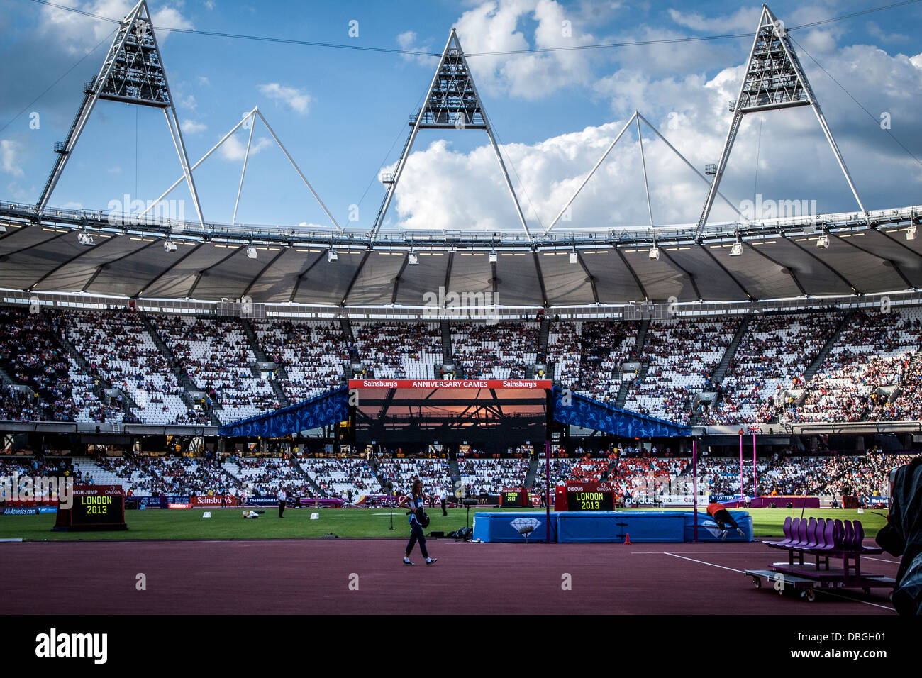 Inside the Olympic Stadium, 60,000 people in attendance, dramatic blue sky over Olympic Stadium, London, Anniversary Games. Stock Photo
