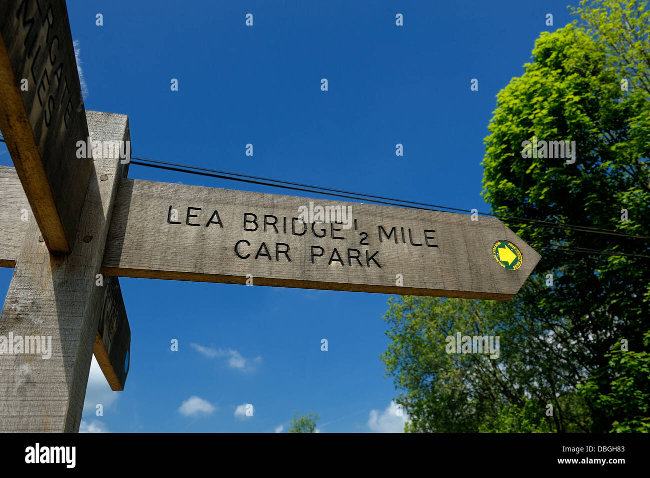 Public footpath sign for Lea Bridge car park Cromford Canal Derbyshire England uk Stock Photo