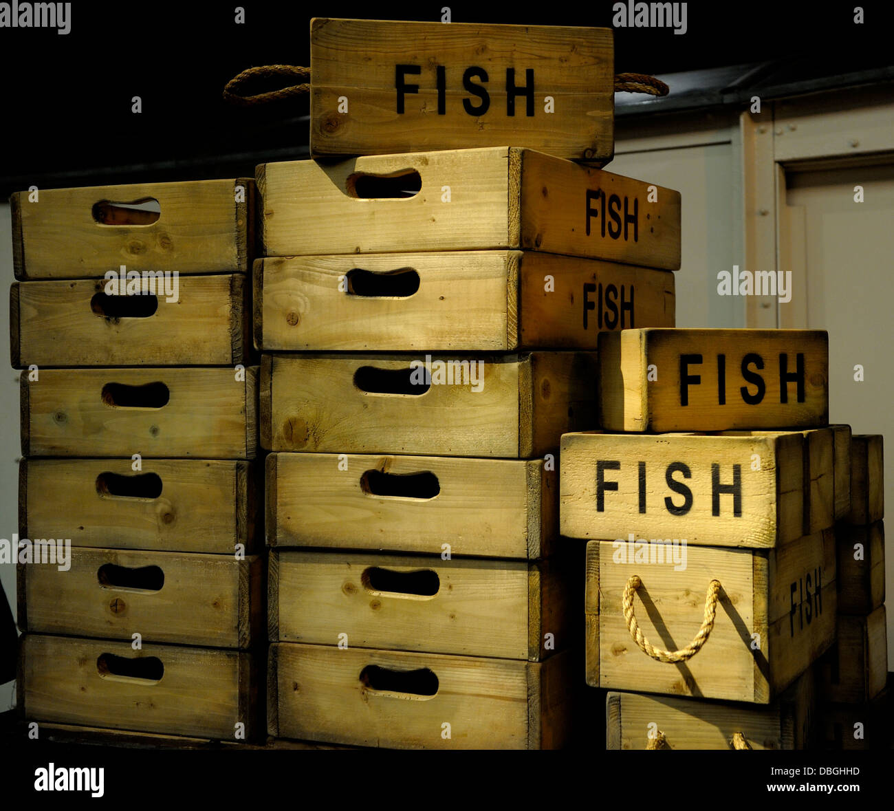 Wooden fish crates Stock Photo