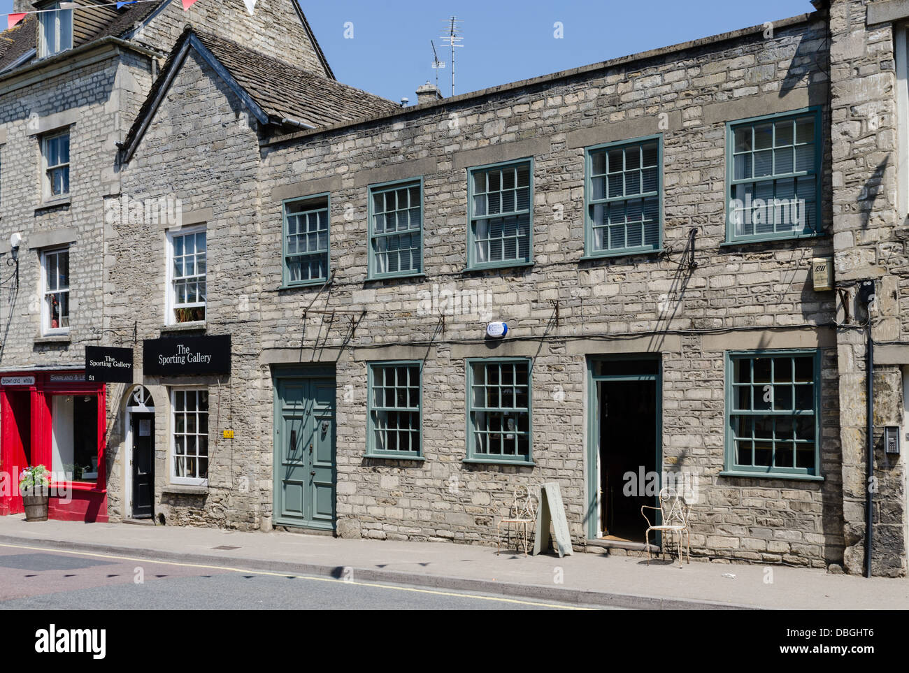 Row of antiques shops in Long Street, Tetbury, Gloucestershire Stock