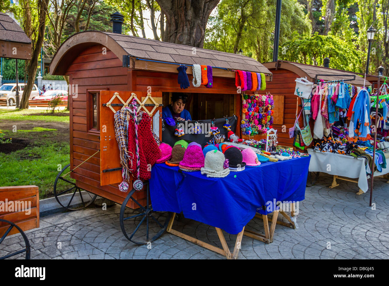 Chilean brightly coloured knitwear on a market stall in Punta Arenas Stock Photo
