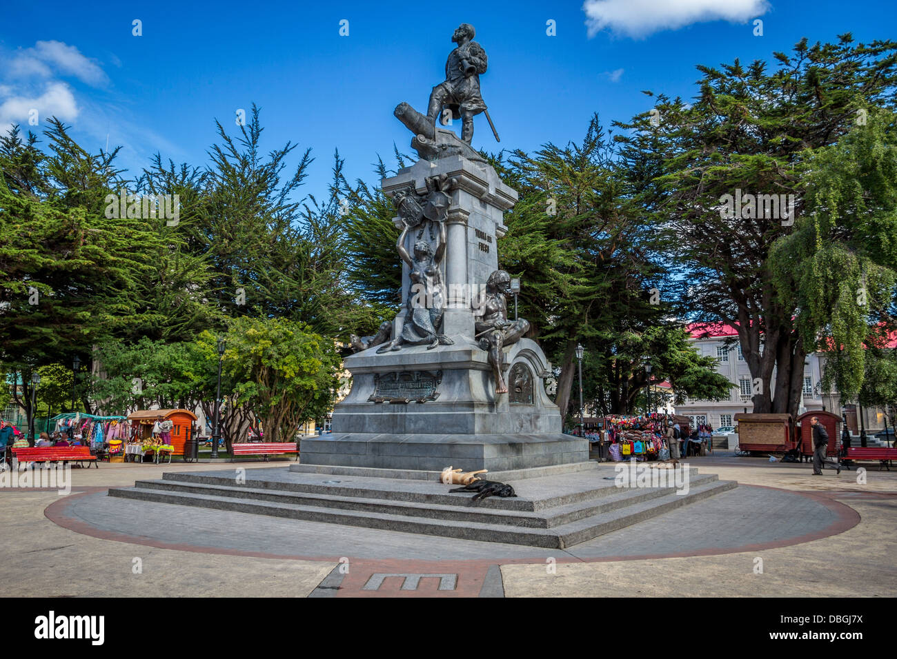 Magellan Statue in Main Square, Punta Arenas, Patagonia, Chile, South America Stock Photo