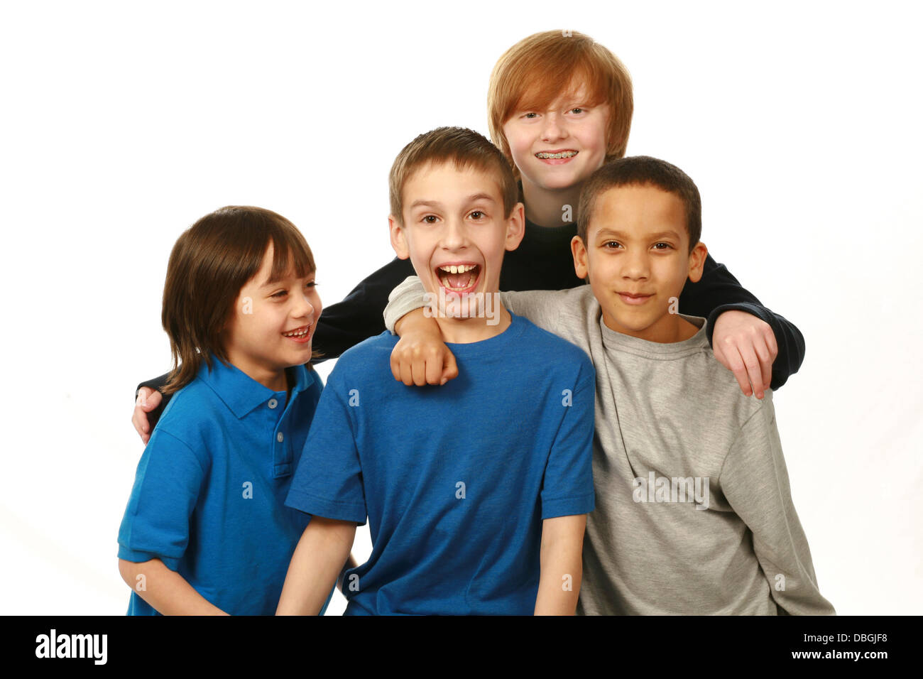 diverse group of happy boys on white background Stock Photo - Alamy