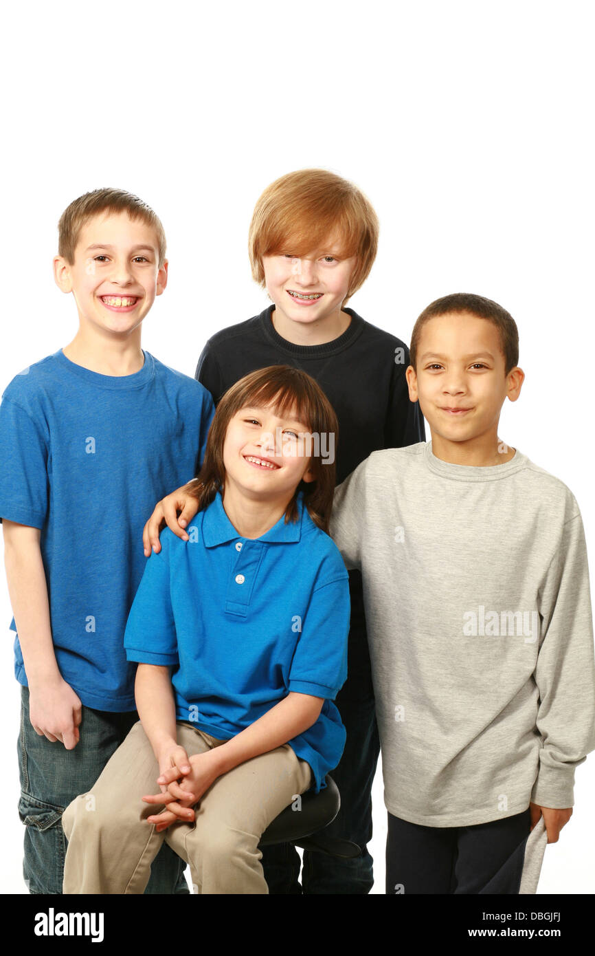 diverse group of happy boys on white background Stock Photo - Alamy