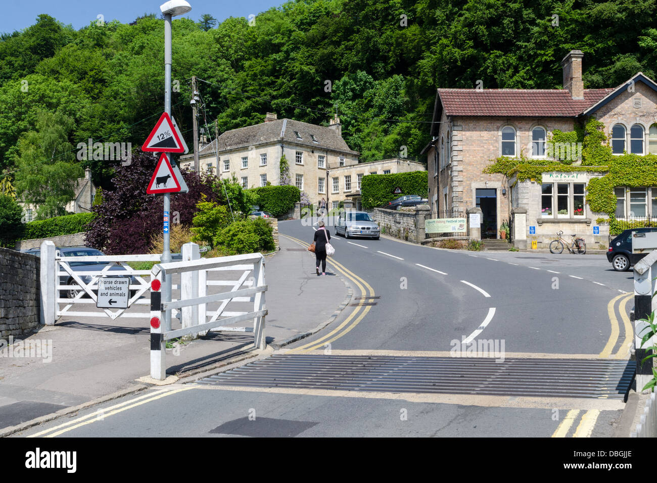 Cattle grid on the A46 main road going through the Cotswold town of Nailsworth Stock Photo