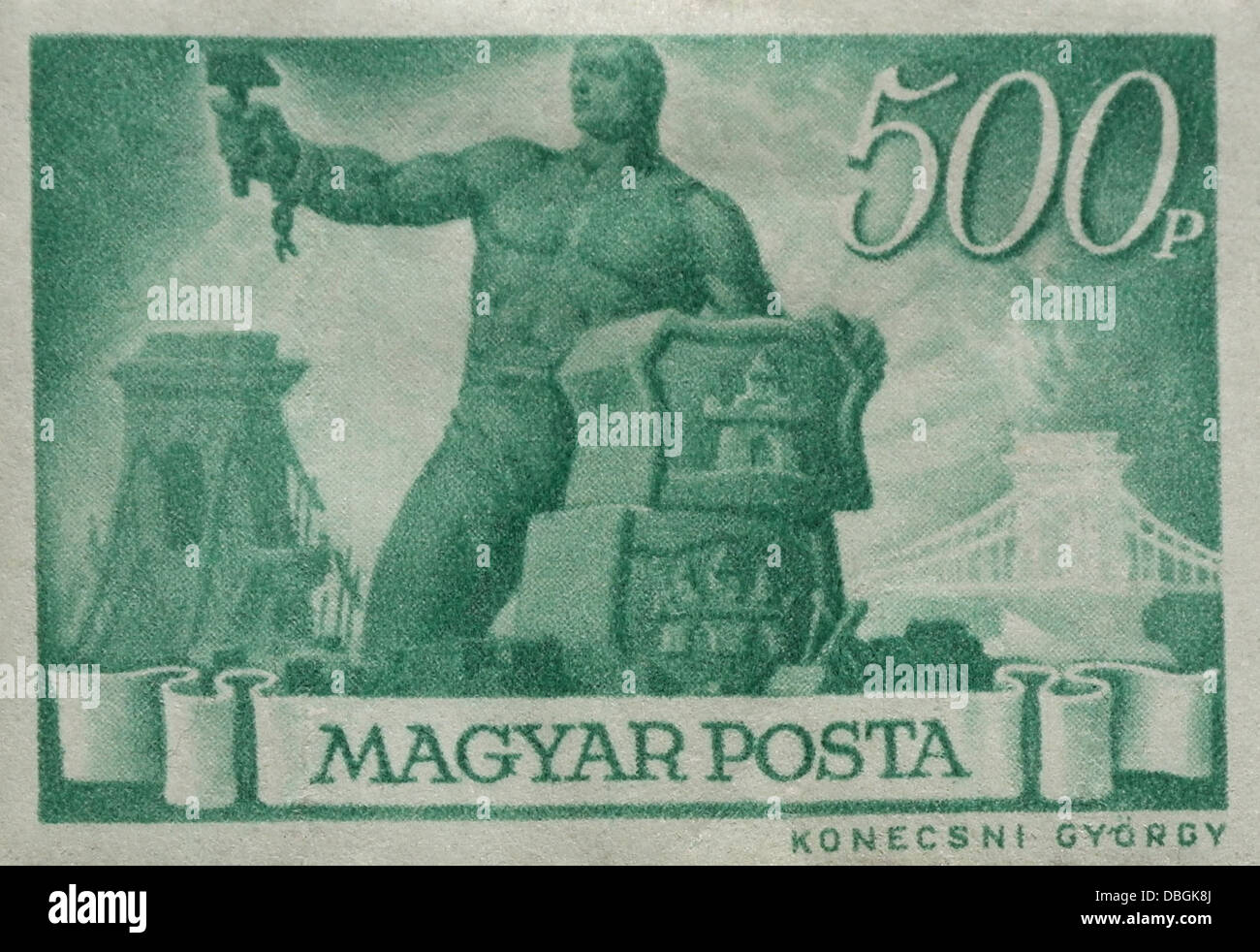 Green 500 pengo Magyar Posta stamp in a dramatic series entitled 'Restoration', issued Budapest, Hungary, November 1945 Stock Photo