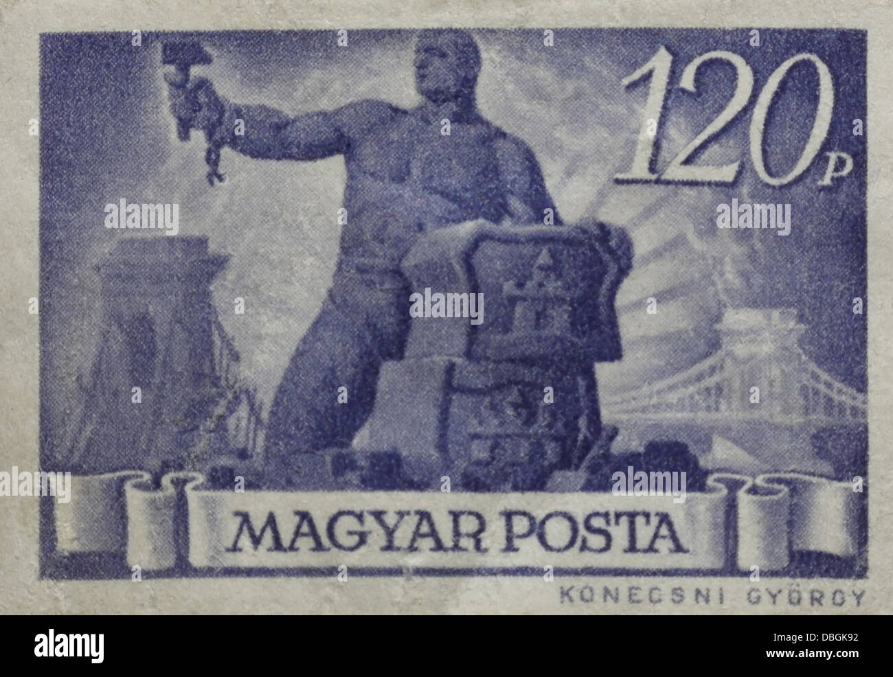 Blue 120 pengo Magyar Posta stamp in a dramatic series entitled 'Restoration', issued Budapest, Hungary, November 1945 Stock Photo