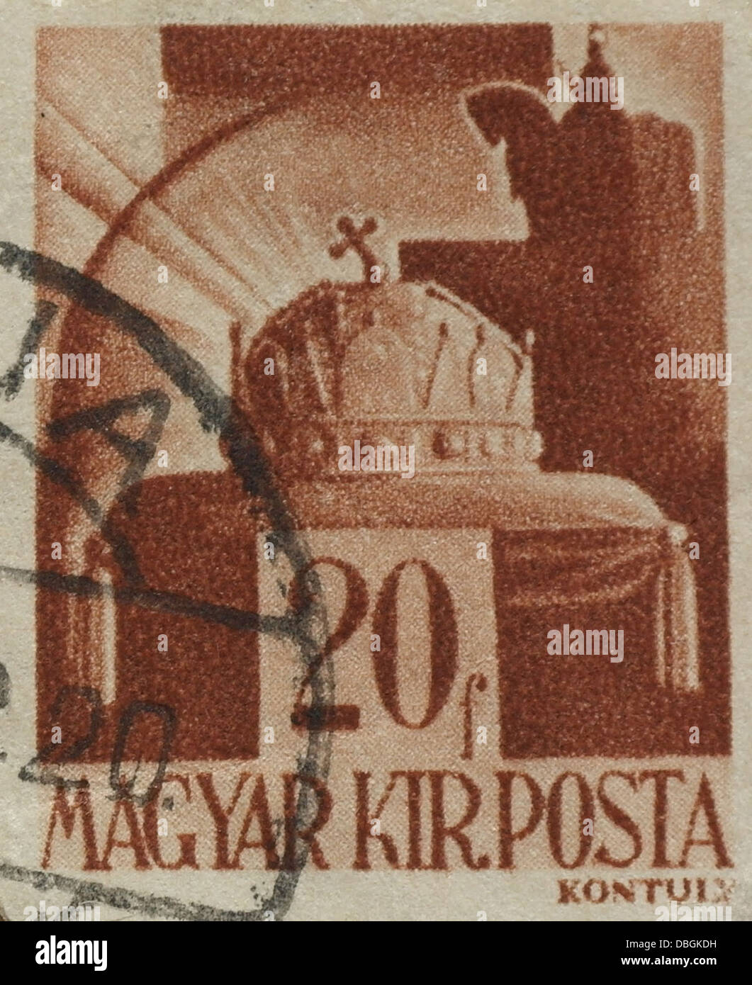 Brown 20 filler Magyar Kiralyi Posta 'Holy Crown of Hungary' postage stamp, Liberation of Hungary Series, issued Budapest, 1945 Stock Photo