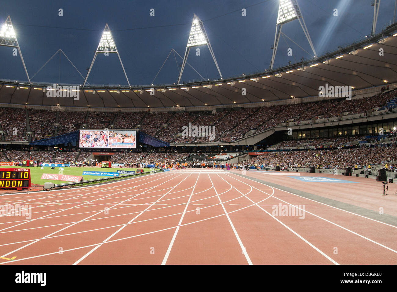 100m track inside the Olympic Stadium, London, Anniversary Games Stock Photo Alamy