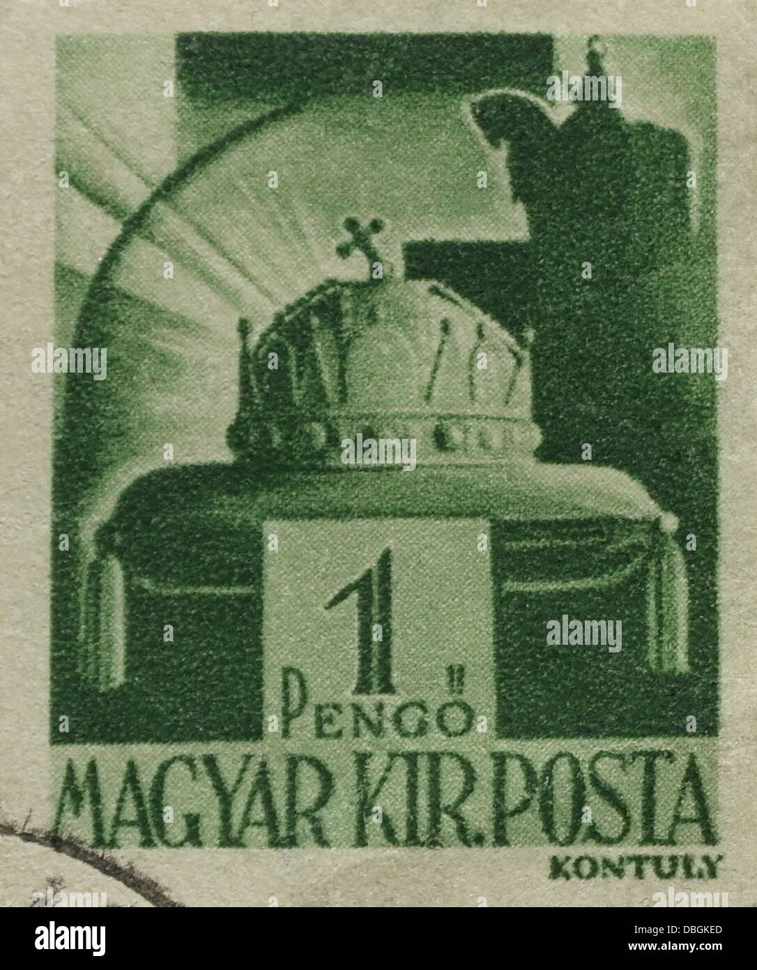 Green 1 Pengo Magyar Kiralyi Posta 'Holy Crown of Hungary' postage stamp, Liberation of Hungary Series, issued Budapest, 1945 Stock Photo