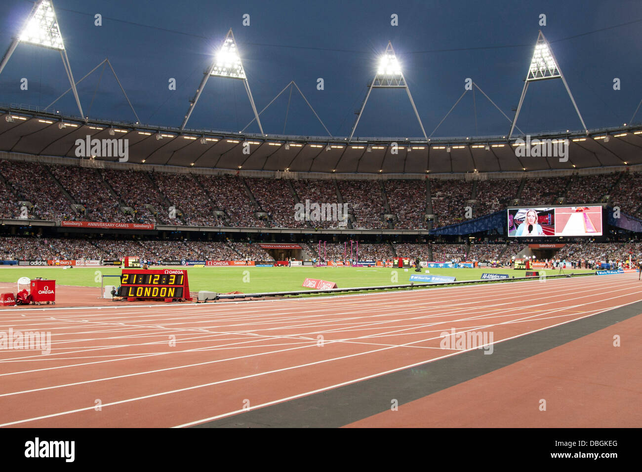 Inside the Olympic Stadium at night, London, Anniversary Games Stock Photo