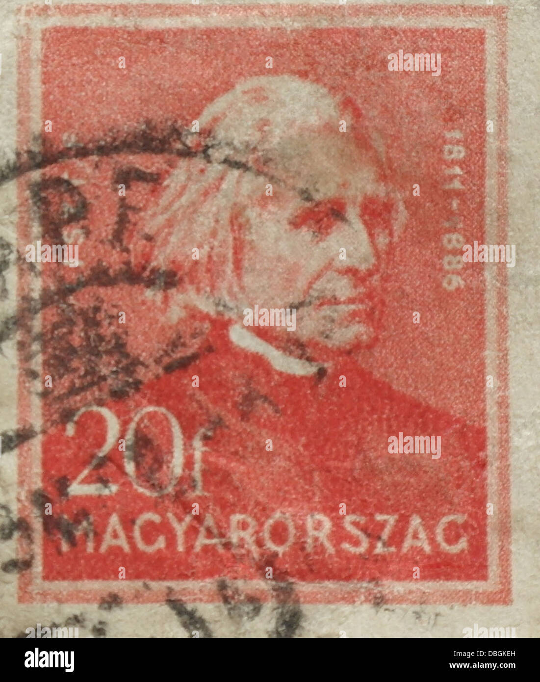 Red 20 filler Hungarian postage stamp with portrait of Franz Liszt ...