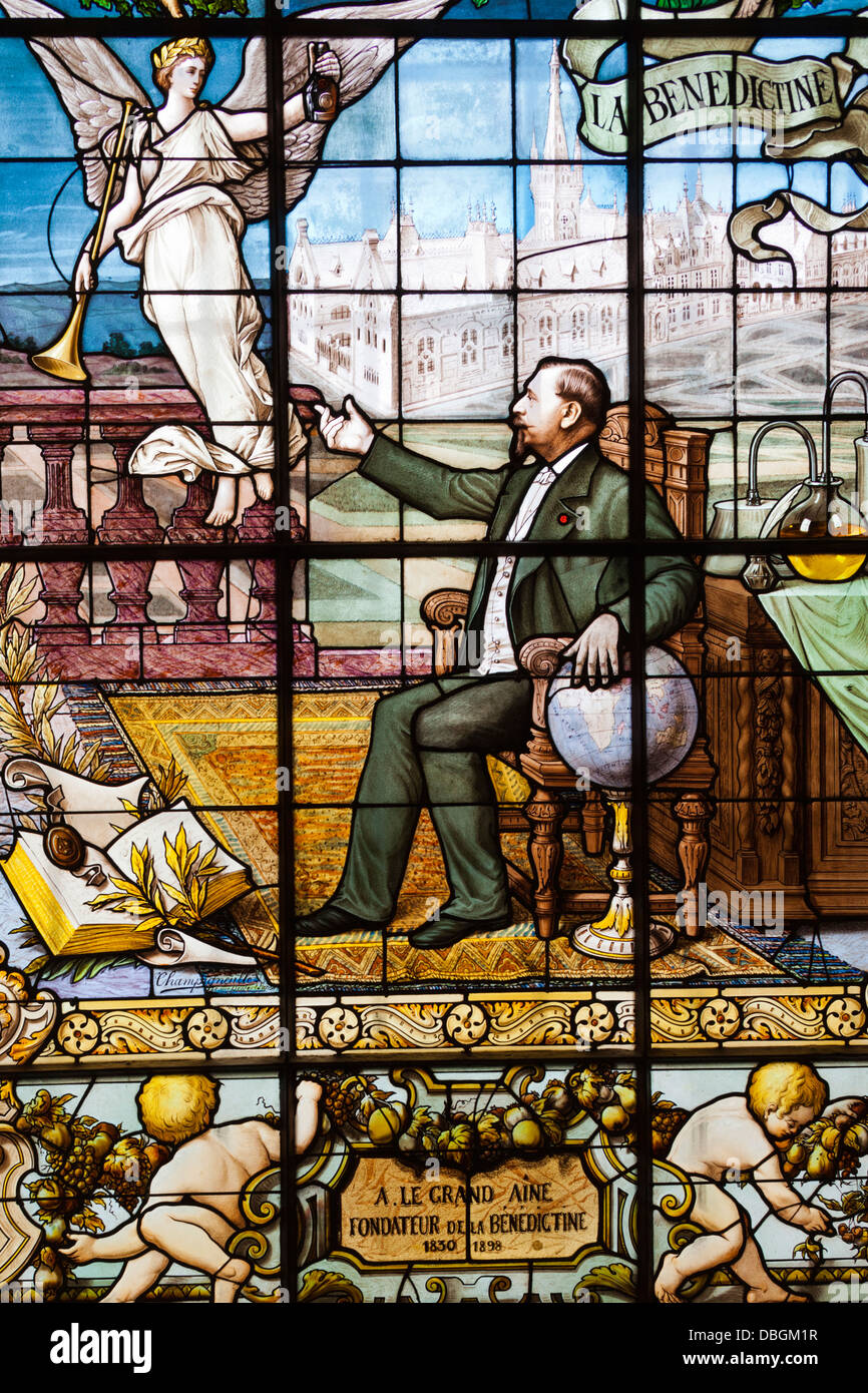 France, Normandy, Fecamp, Palais Benedictine, museum and distillery of Benedictine liqueur, stained-glass window detail. Stock Photo