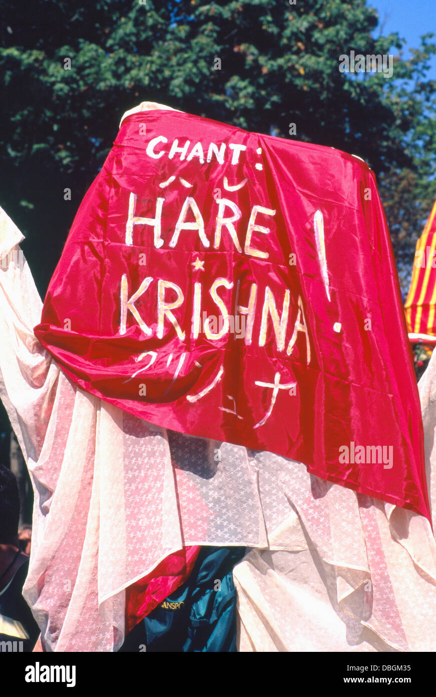 Chant Hare Krishna written on Banner at Festival of India Stock Photo